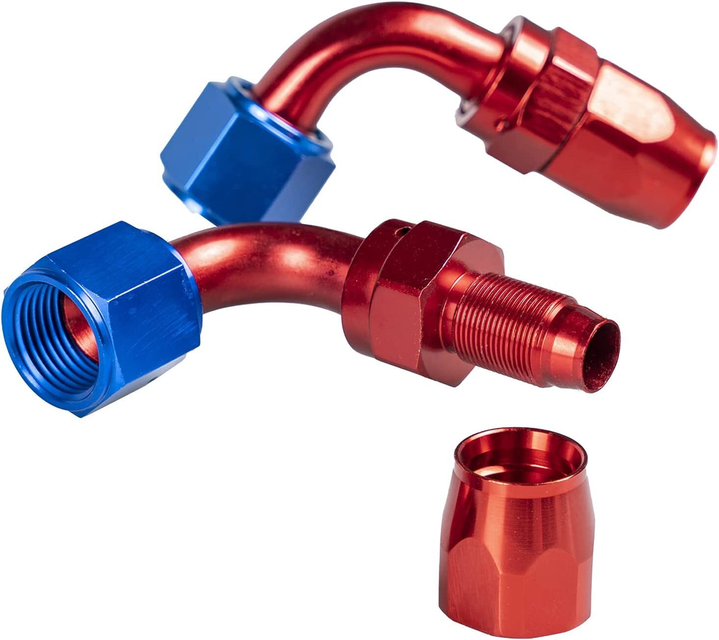 Red and blue AN6 90-degree swivel hose end adapter for 6AN fuel CPE hoses