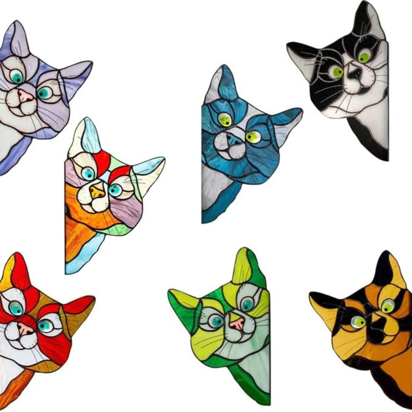 7Pcs Stained Glass Cat Face Peering Decal Sticker Car Bumper Window Door DIY
