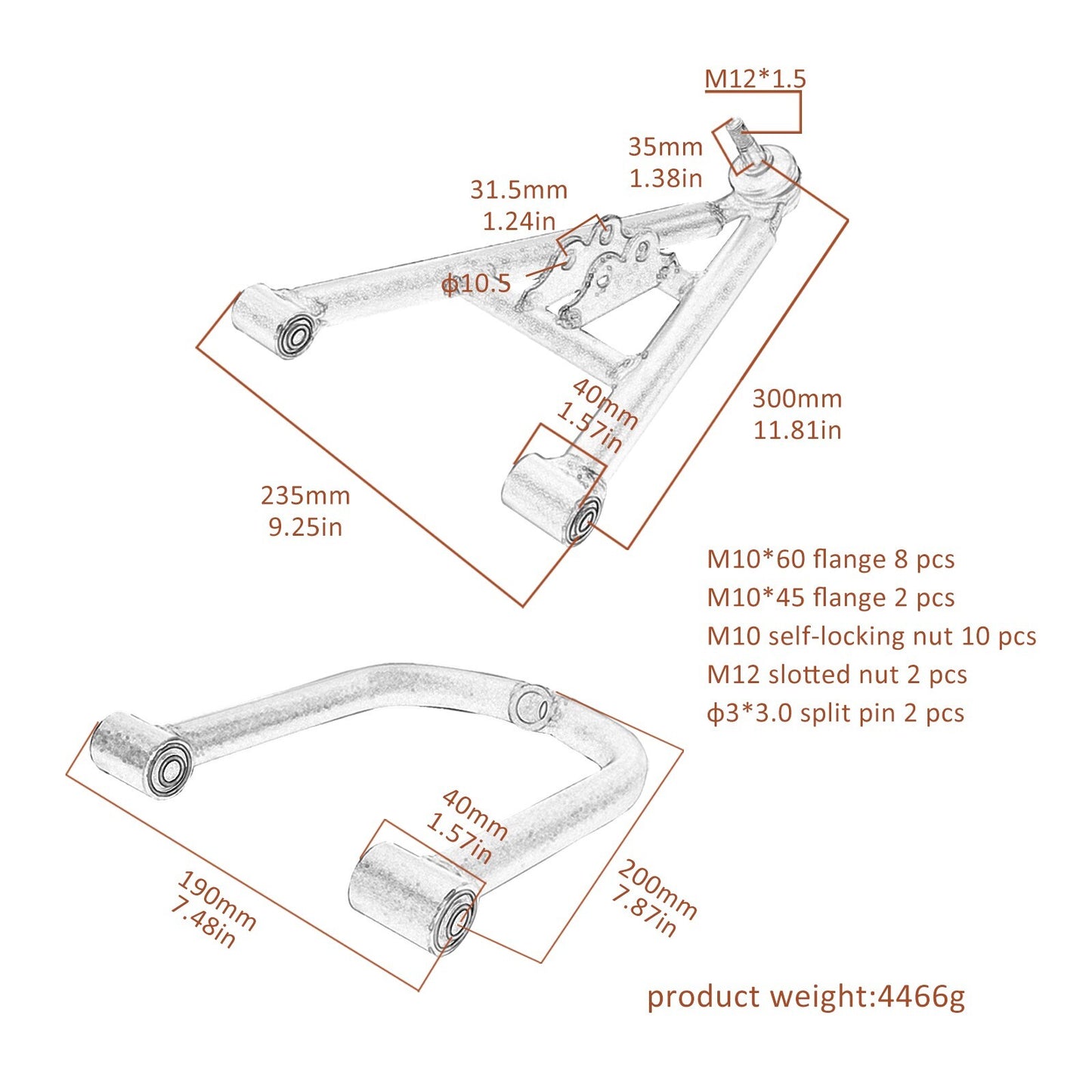 Go-kart suspension shock absorber control arm kit, upper and lower A-arms suitable for all-terrain vehicles and 4-wheelers.