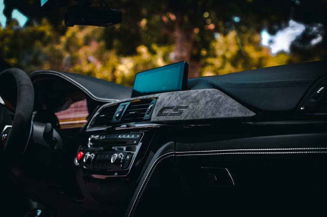 Customizable options for personalized dash mats including colorful stitching and fabrics