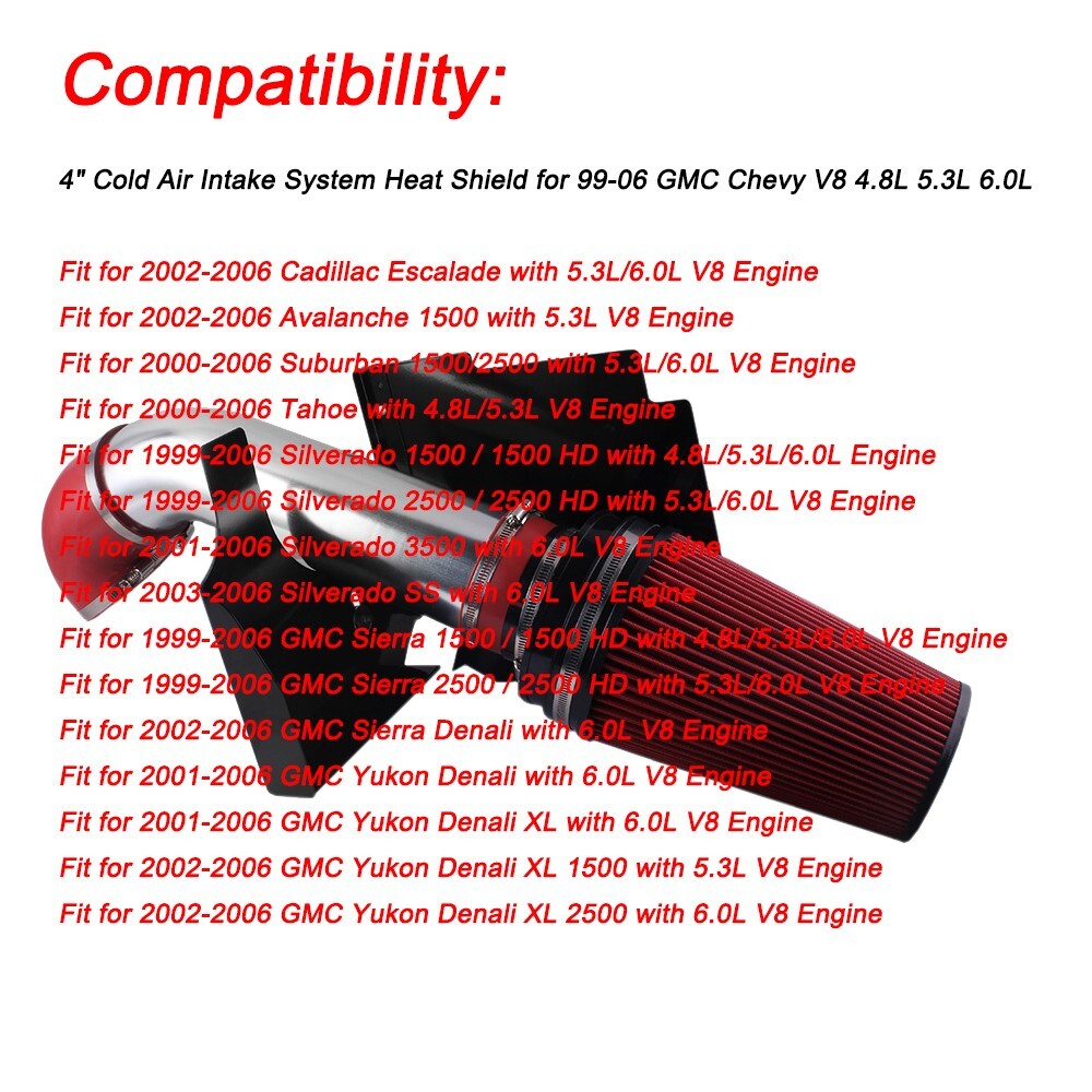 4Red Cold Heat Shield Air Intake Kit For 99-06 Silverado 1500 4.8L 5.3L 6.0L V8