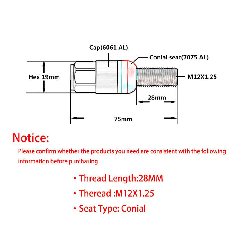 20PCS M12x1.25 Green Wheel Lug Bolt 28mm Shank Cone for Seat Stud for Jeep for Chrysler