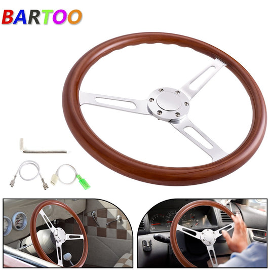 15/380mm Chrome Steering Wheel Stainless Steel Dark Wood Grip w/Horn Button