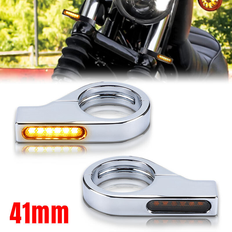 2X Chrome Motorcycle Front LED Turn Signal Light 41mm Fork Clamp Blinker Amber