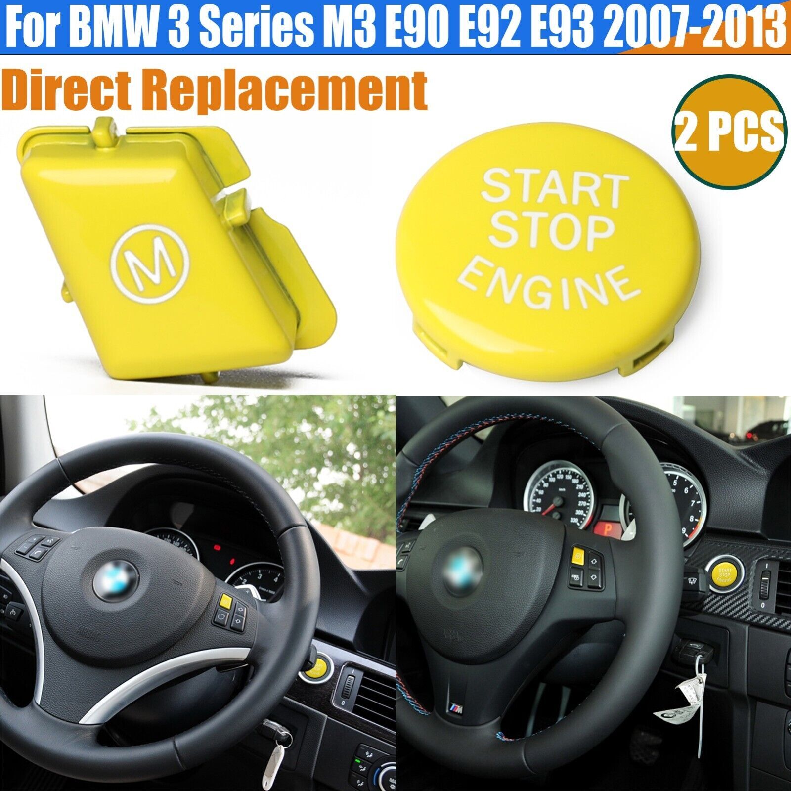 Yellow steering wheel M & start push button for BMW 3 series M3 E90 E92 E93 07-13