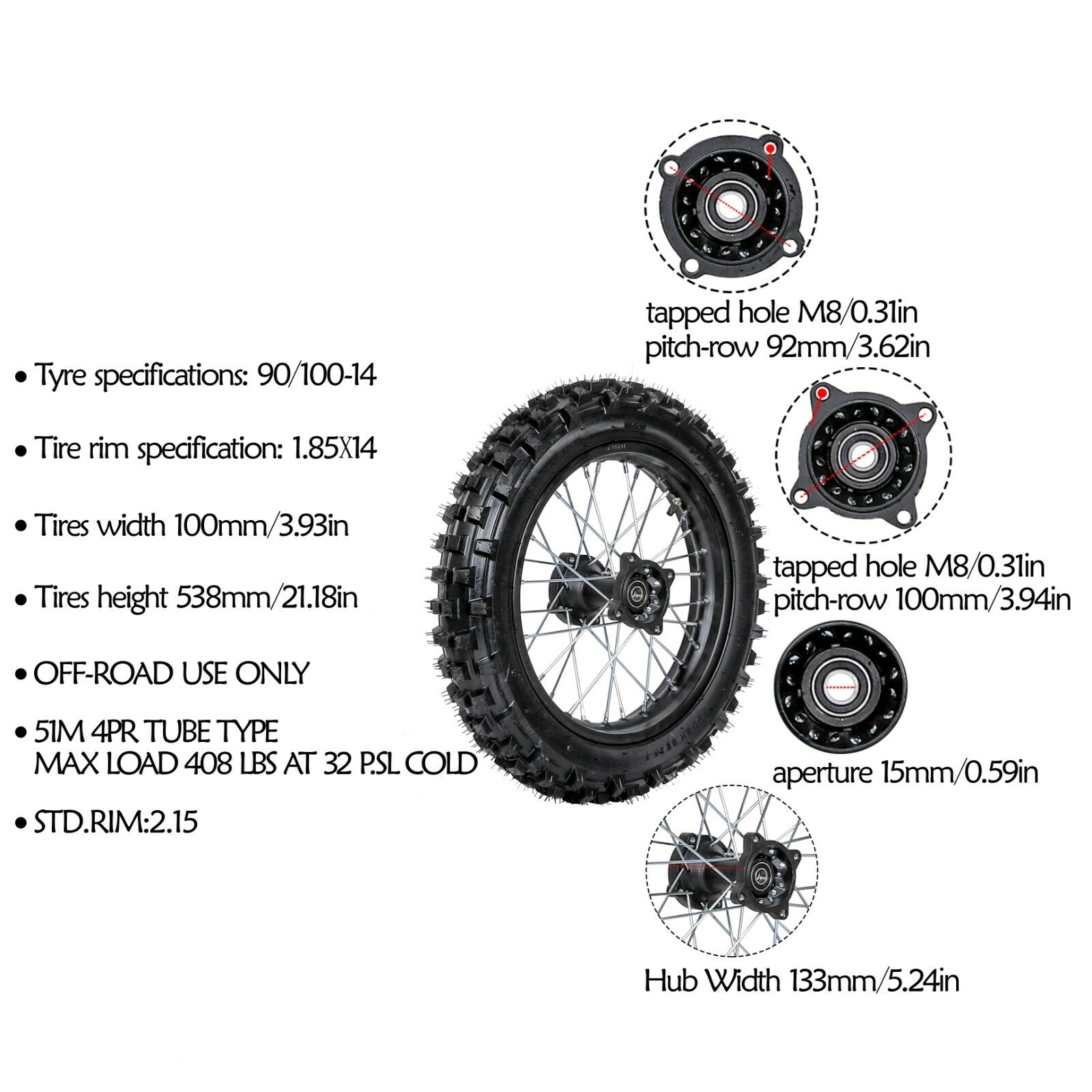 17 14 Wheel 70/100-17 + 90/100-14 Tyre Rim Dirt Bike 125cc 150cc Thumpstar