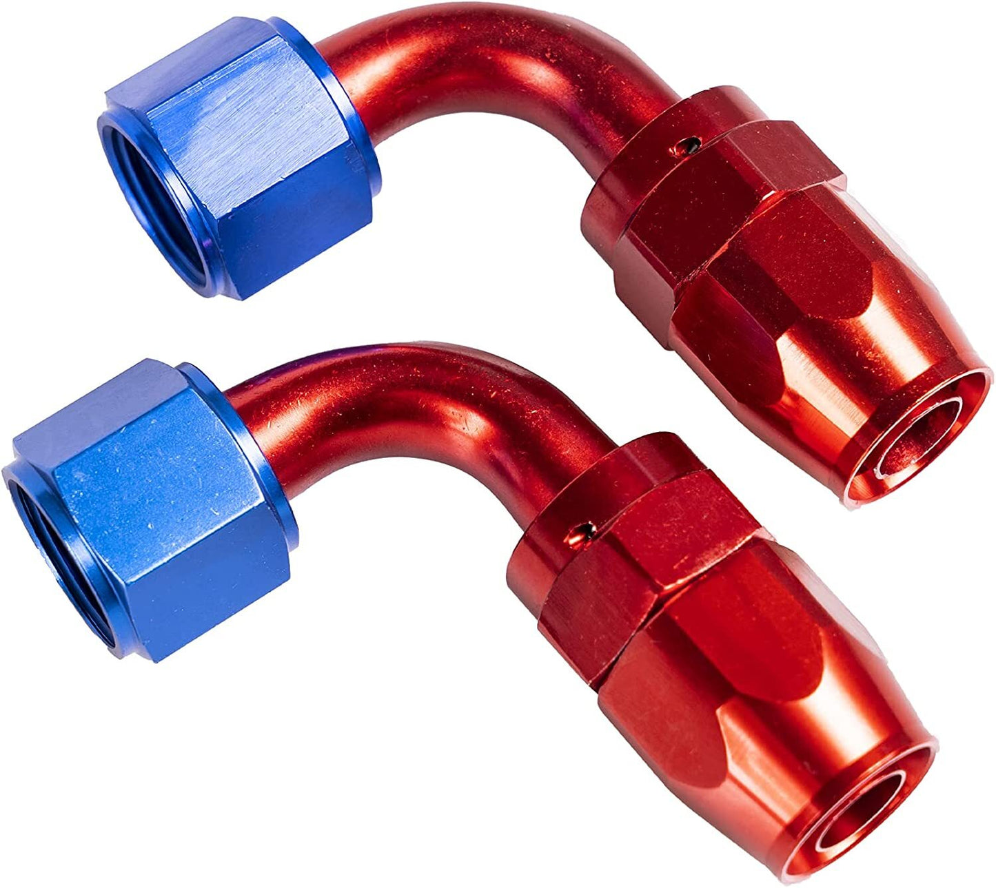 Red and blue AN8 90-degree swivel hose end adapter for fuel CPE hoses US
