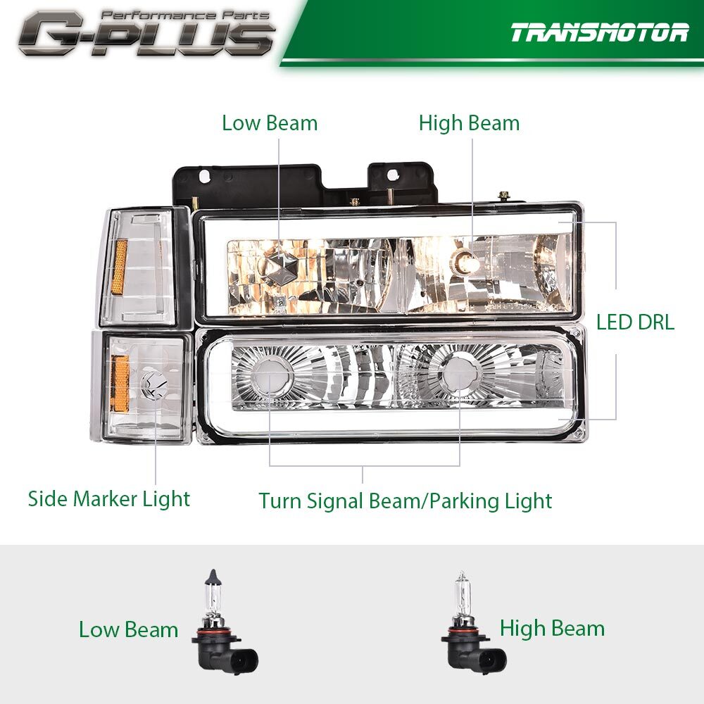 Suitable for Chevrolet C/K for GMC for Sierra Tahoe models (models 88-93). Transparent/amber LED headlights.
