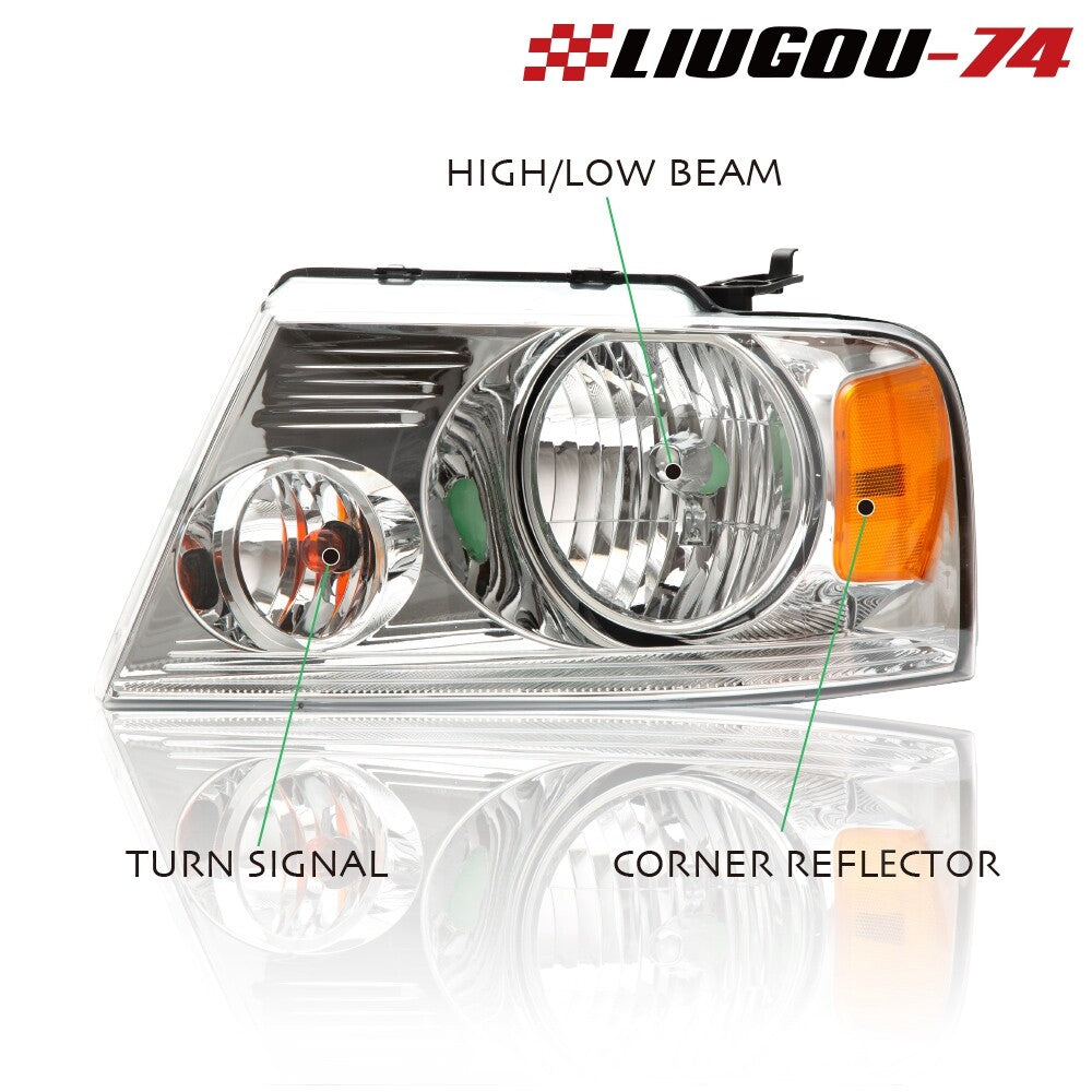 2-Piece Headlight Assembly for 2004-2008 for Ford F-150 (F150 Chrome Transparent Strip)
