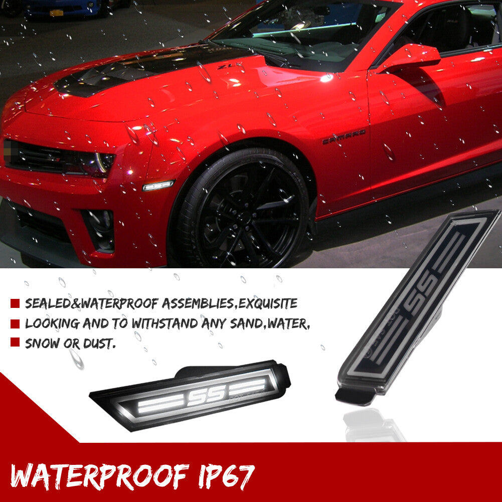 Applicable to 2010-2015 for Chevrolet Camaro front bumper side markers with white LED lights.