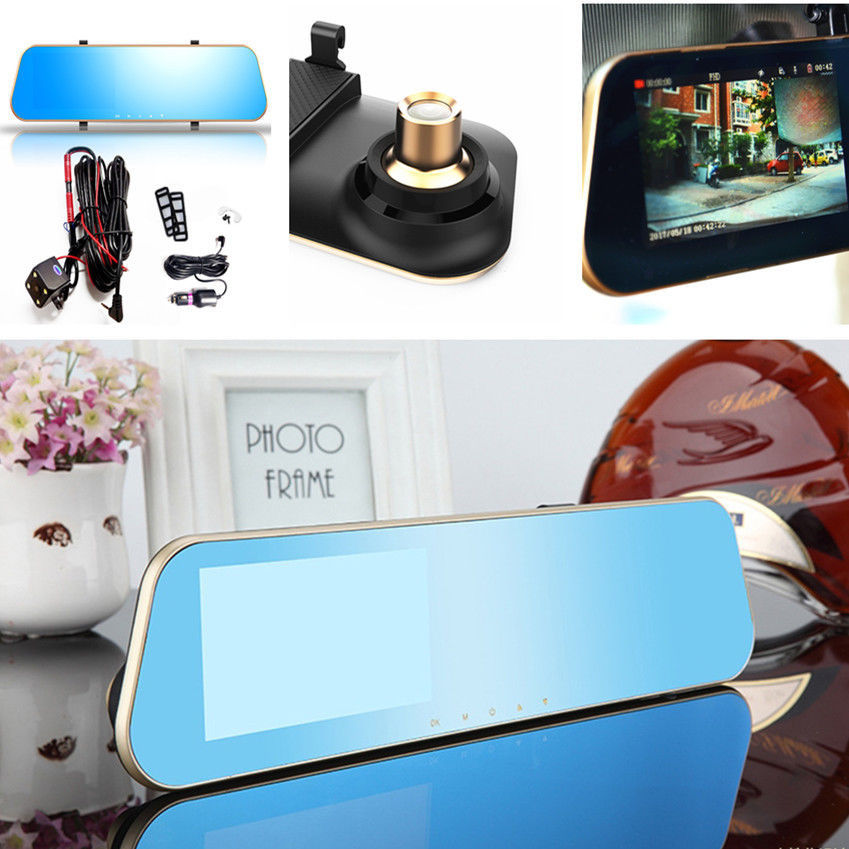Mirror Dual Lens Monitor Full 4.3 LCD Car DVR Rear View Camera Driving Recorder