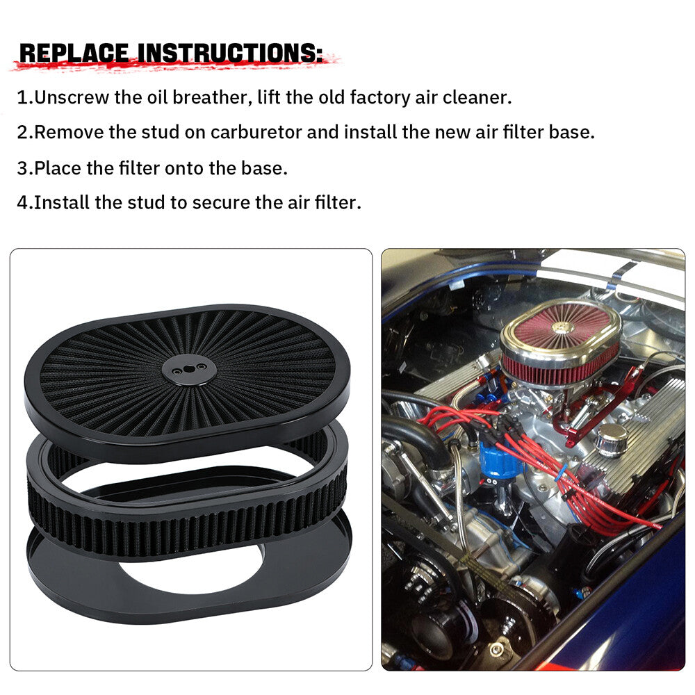 12 Oval Fully Black Air Cleaner Element For 5-1/8 Carb Holley Edelbrock Etc