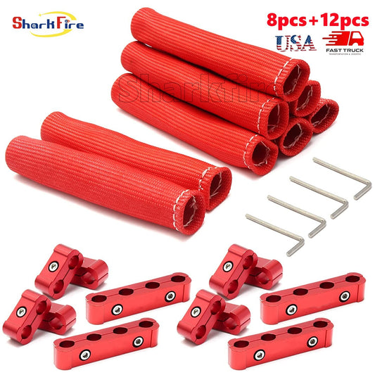 Spark plug heat protector + 12-piece engine spark plug wire separator/splitter