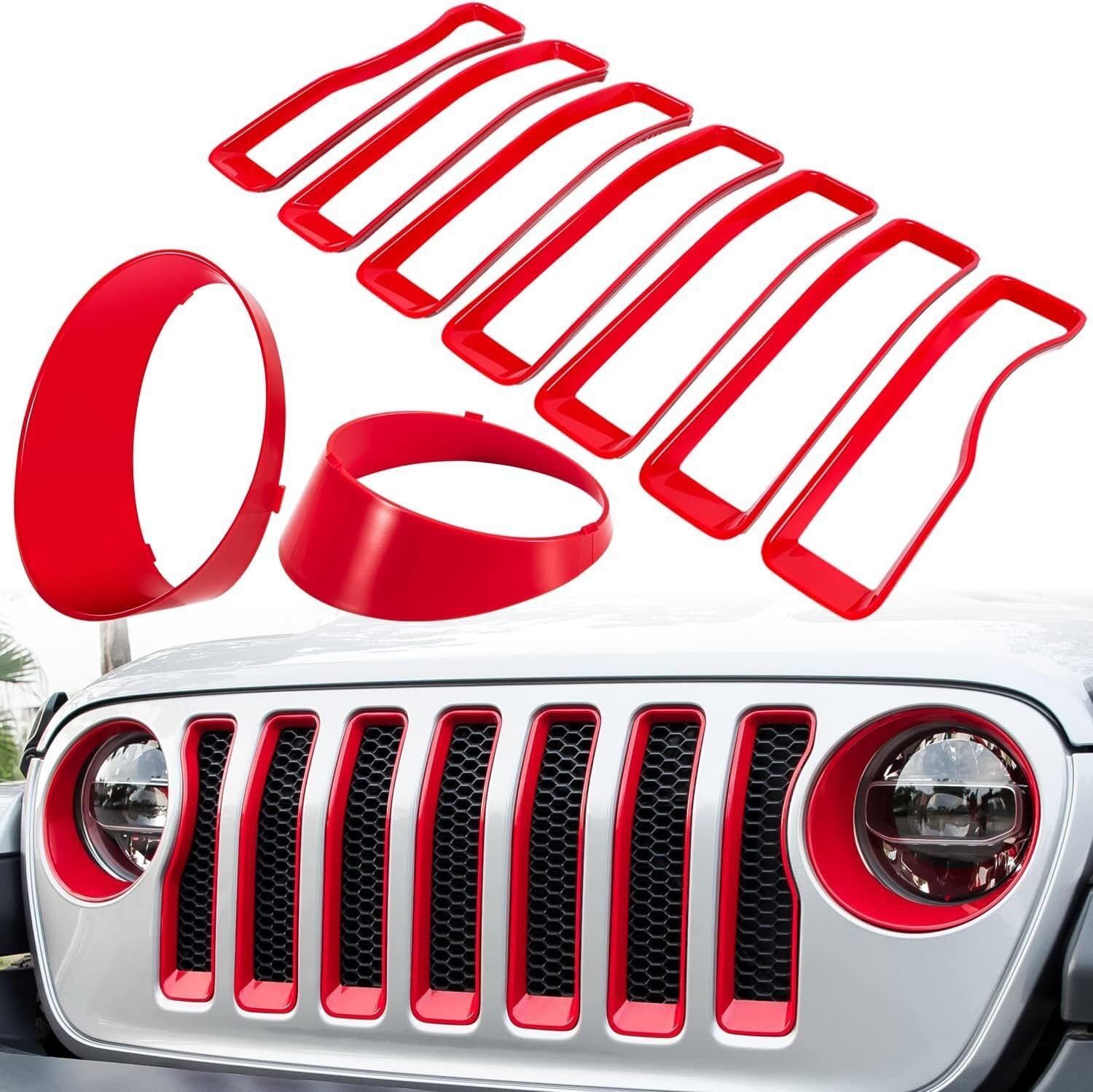 Red front grille inserts and headlight trim covers are available on the for Jeep for Wrangler JL Unlimited.