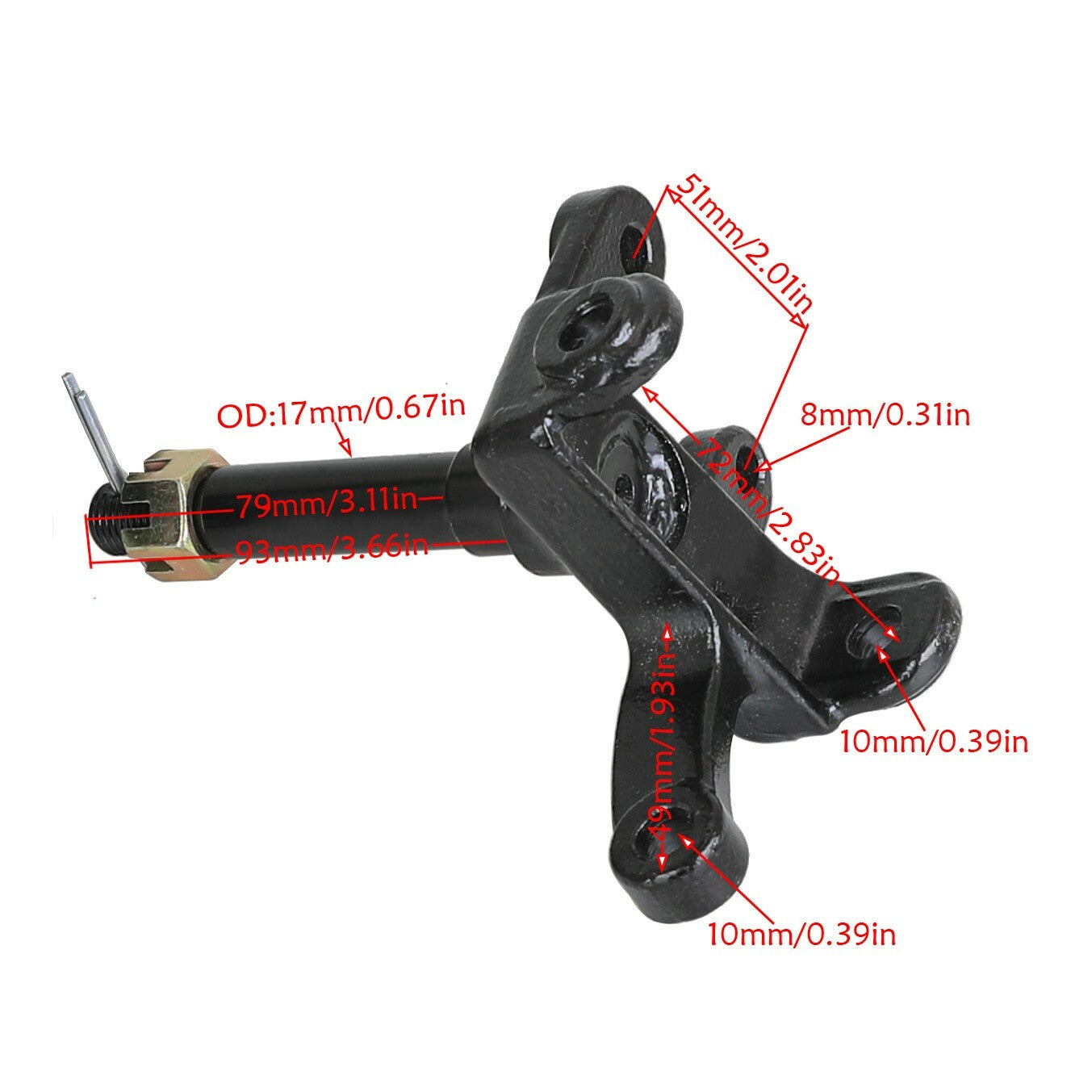 Front steering spindle knuckle suitable for 50cc-110cc go-karts, dune buggies, ATVs, and 4-wheelers.