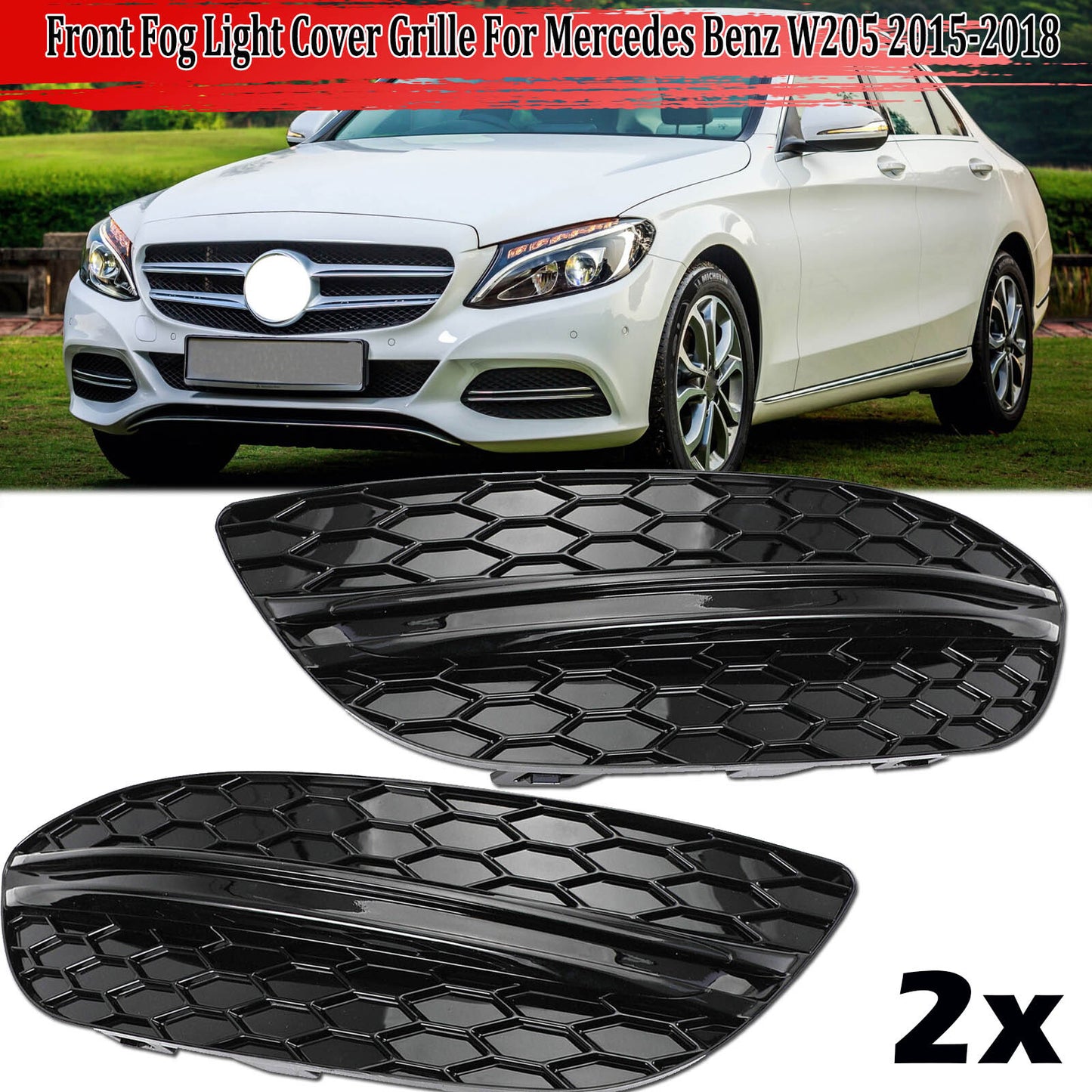 Two fog light grille cover trim pieces for lower part of 15-18 for Mercedes-Benz W205 14475205