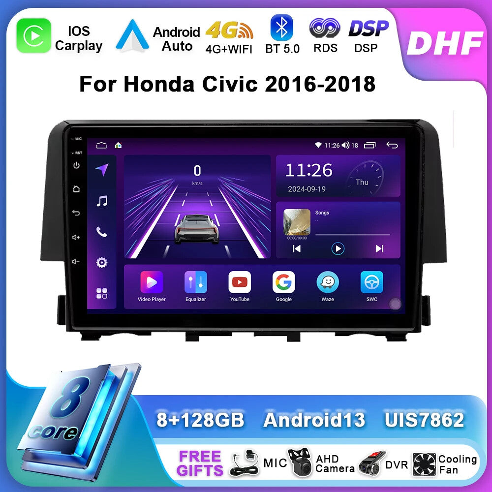 for Honda for Civic 10th 2016-2018 Stereo Android Auto CarPlay Car Radio GPS Screen