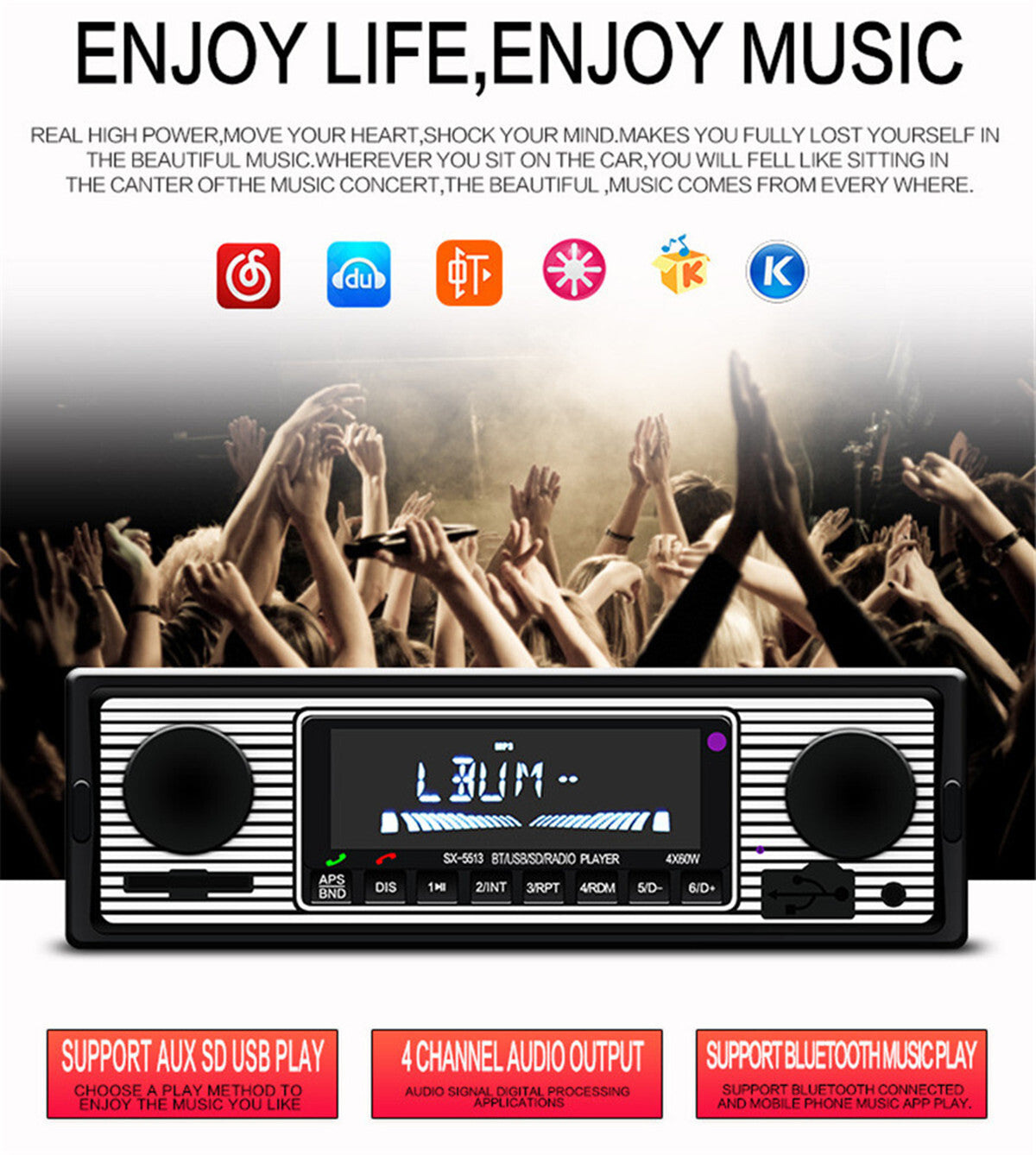 Bluetooth Vintage Car FM Radio MP3 Player USB Stereo Audio Receiver AUX 1 Din