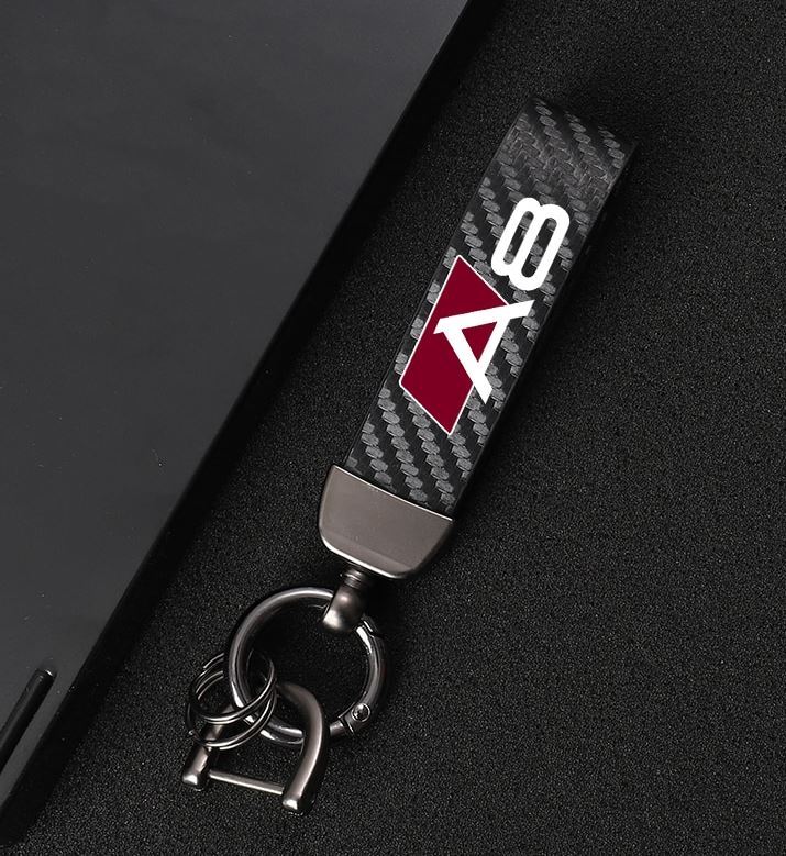 Suitable for Audi Q3 car keychains, horseshoe buckles, carbon fiber leather, black and red