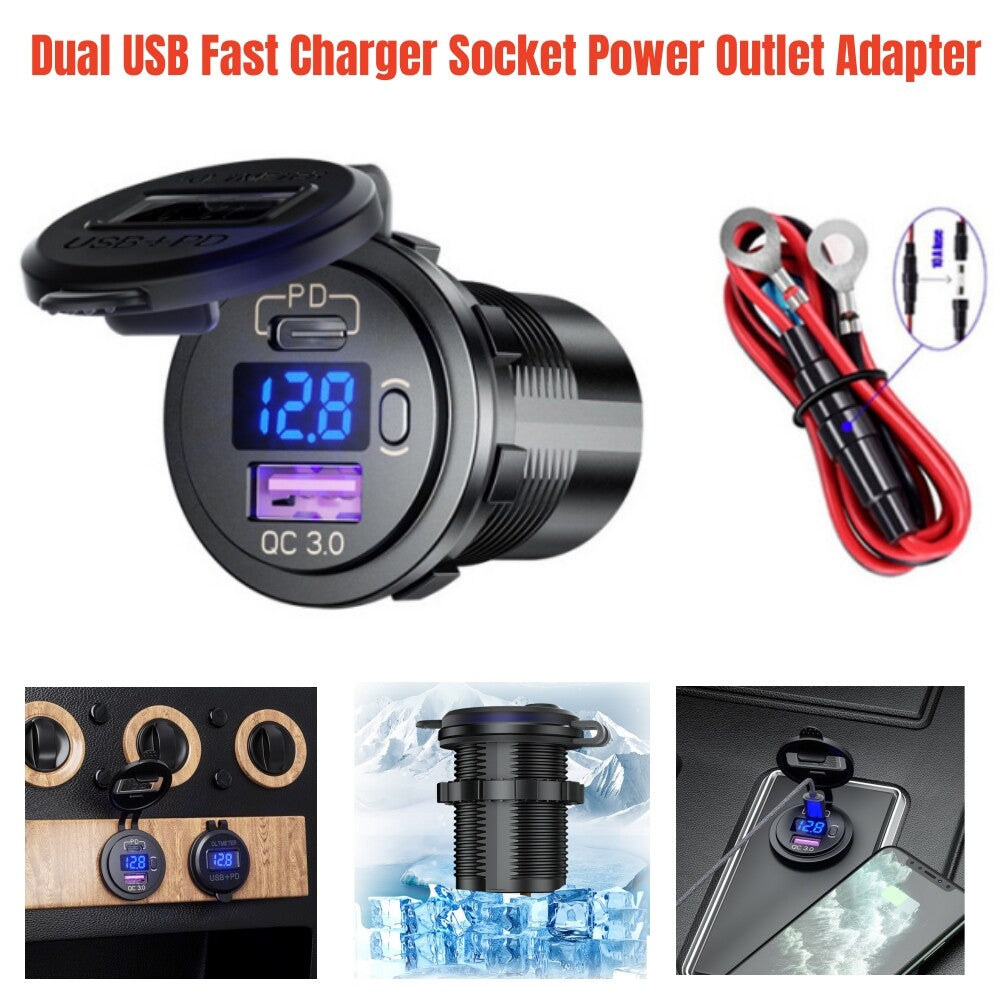 1-Piece QC3.0+PD Dual USB Fast Charger Socket Power Socket Part for Cars and Motorcycles