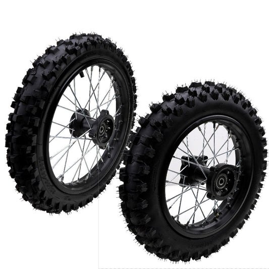 Front 60/100-14, Rear 80/100-12 tires and rims suitable for 90cc and 110cc Pro Monkey Pit bicycles.