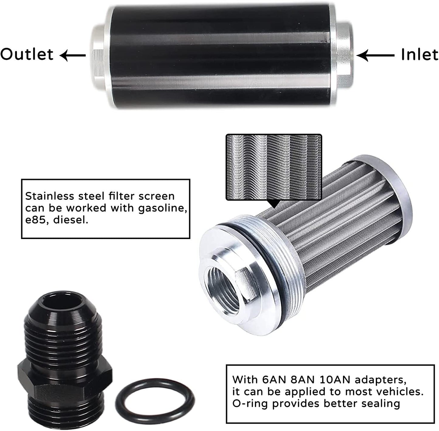 50mm straight-through fuel filter 6AN 8AN 10AN adapter 100 micron cleanable fuel filter