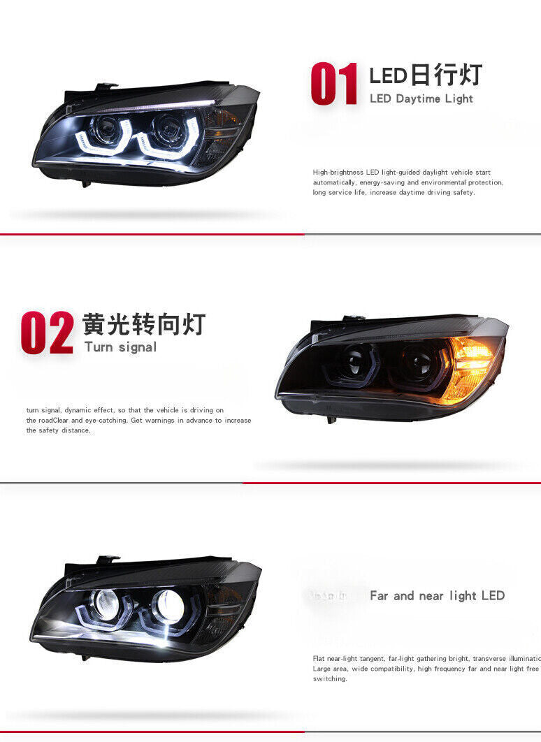 Two headlight assemblies, daytime running lights, and turn signals suitable for BMW X1 E84 2013-2015.