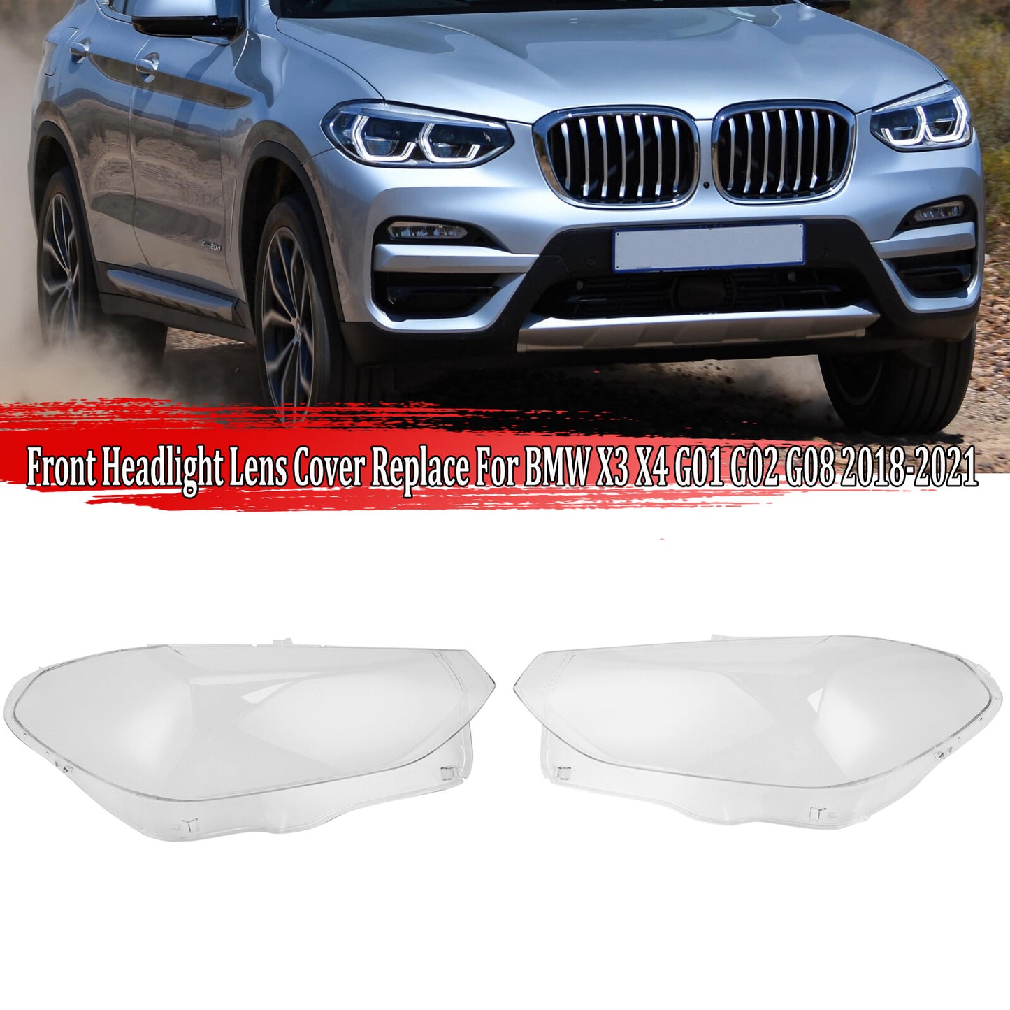 A pair of transparent headlight lens replacement covers for BMW X3 X4 G01 G02 G08 2018-2021