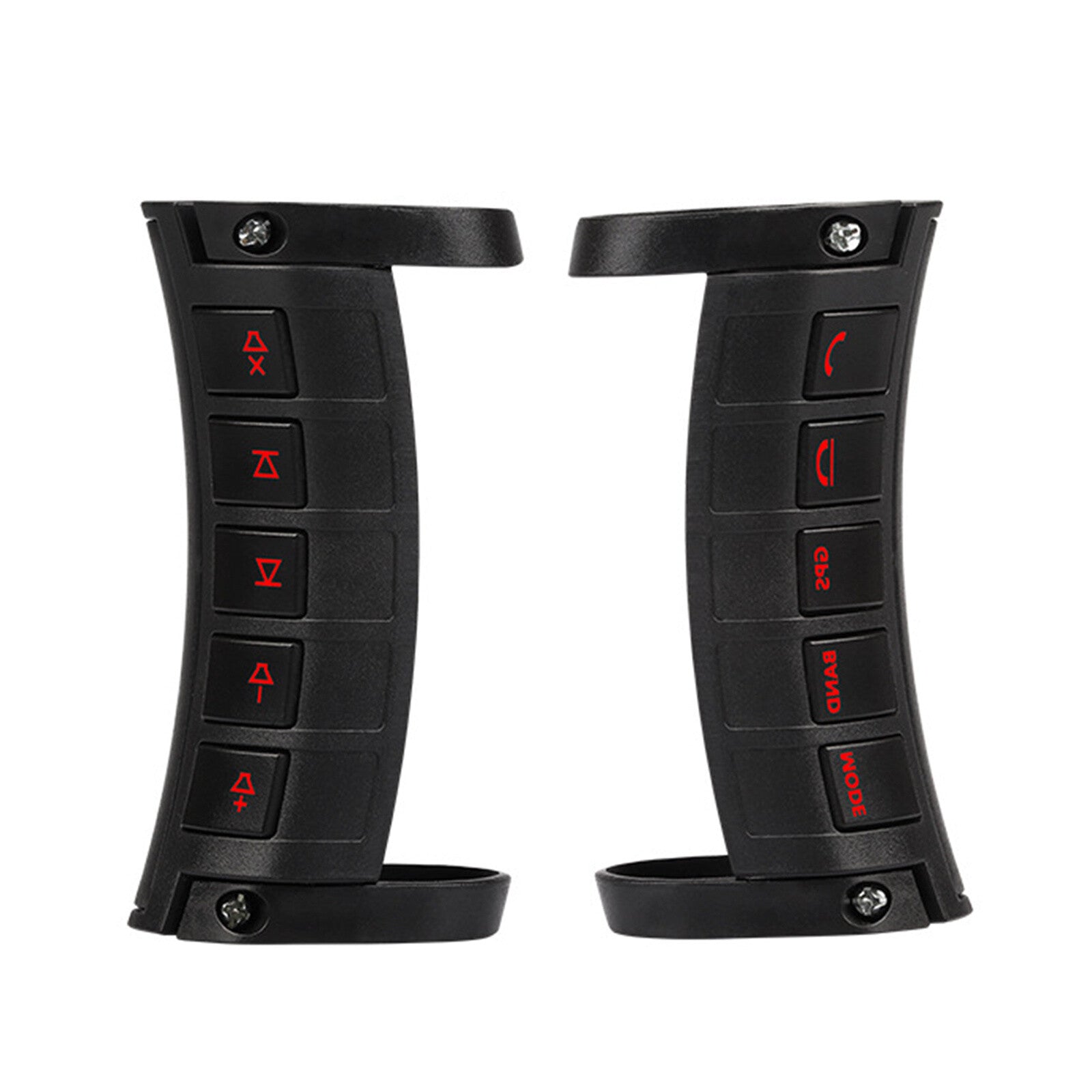 A pair of LED wireless car steering wheel button remote controls for GPS stereo radios.