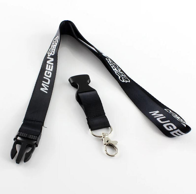 Car keychain, key ring, badge, lanyard, neck strap, black, for Mugen universal use.