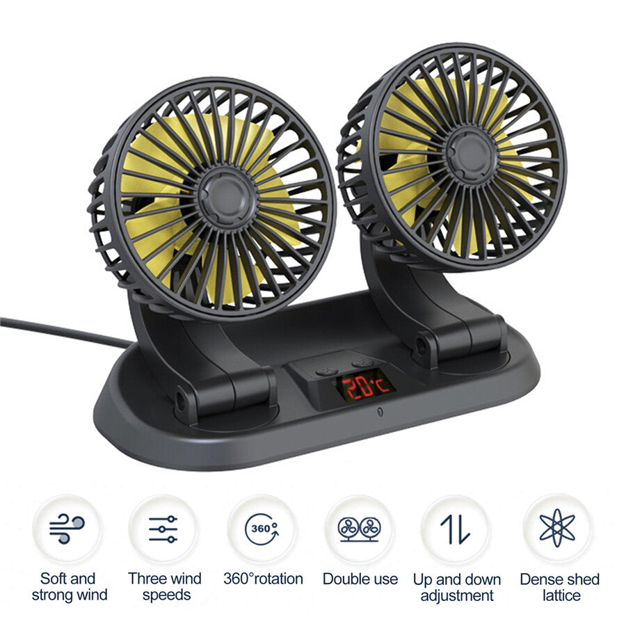 Portable Summer Car Cooling Fan Dual Head Fans 3 Speeds Adjustable For Dashboard