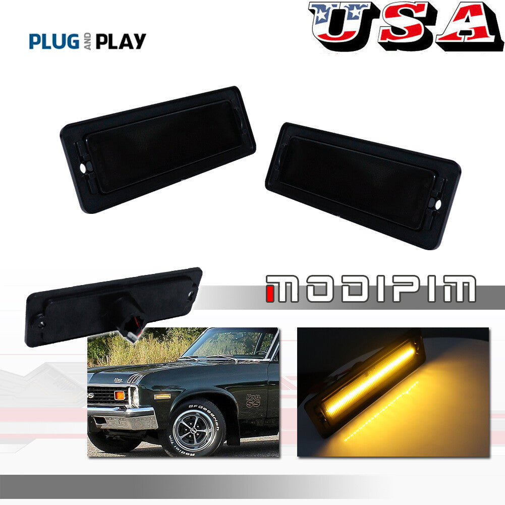 Suitable for 1970-1974 for Chevrolet Nova Smoked Amber LED Front Bumper Side Marker Lights (2 Packages)