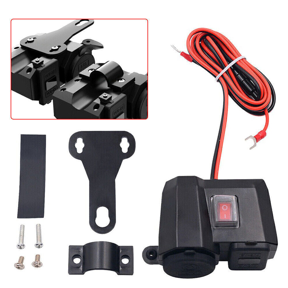 Motorcycle Cigarette Lighter Socket Outlet Dual USB Charger LED Voltmeter Black