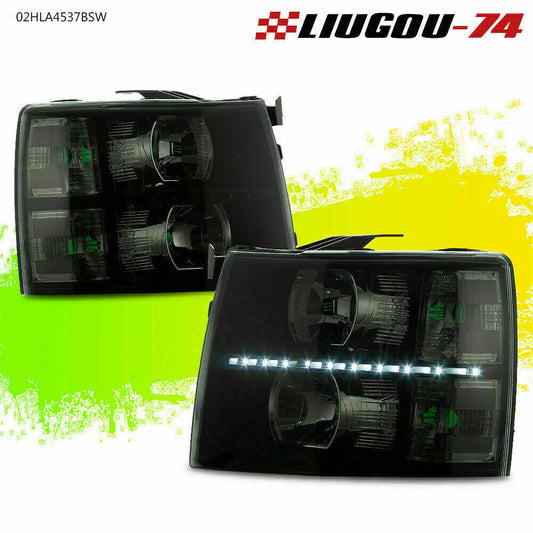 Suitable for 07-14 Silverado LED DRL strip headlights/lights with black housings and smoke lenses (USA)