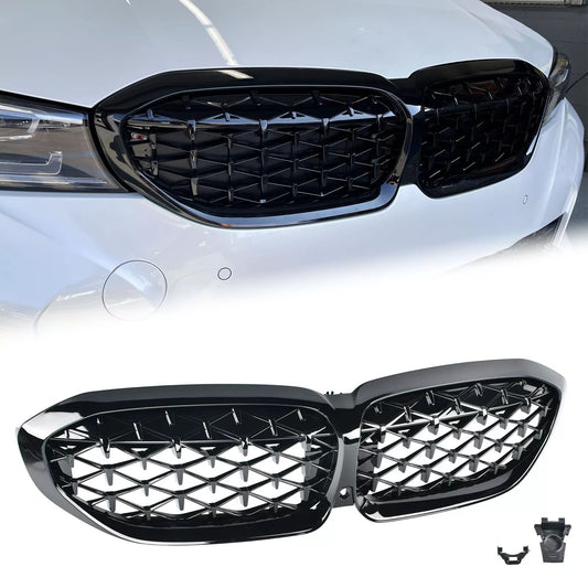 Glossy Black Front Kidney Diamond Grills Grille For 2019-2022 for BMW G20 330i M340i