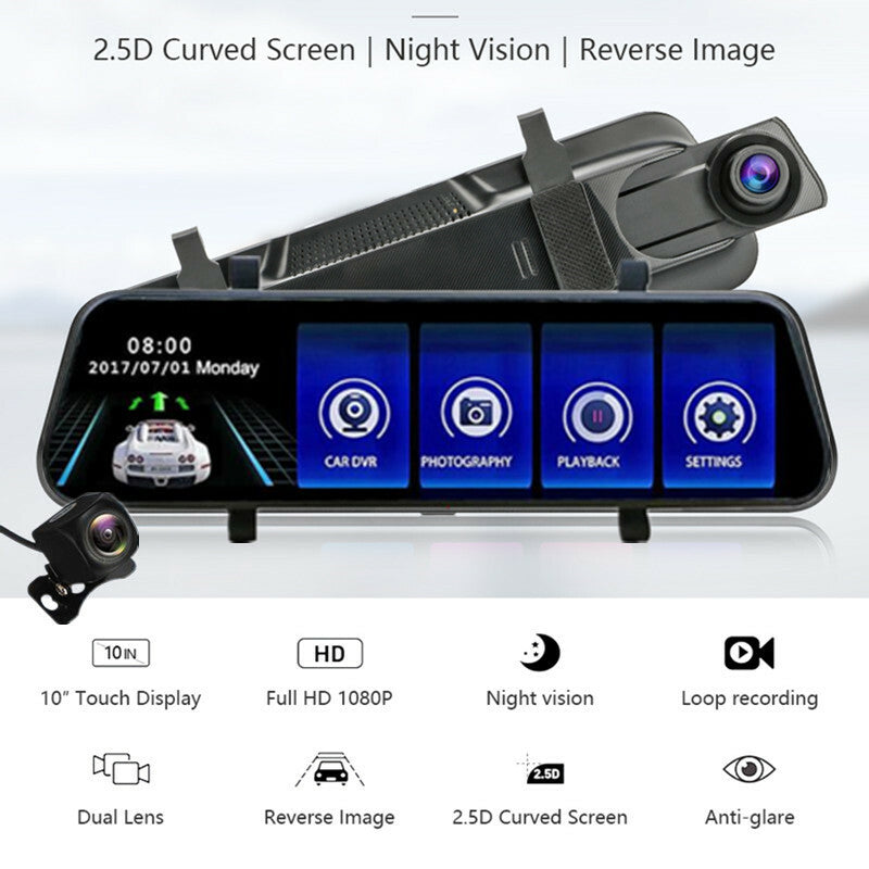 Car DVR Rear View Camera 10 Full Touch Screen Dash Cam Dual Lens Video Recorder