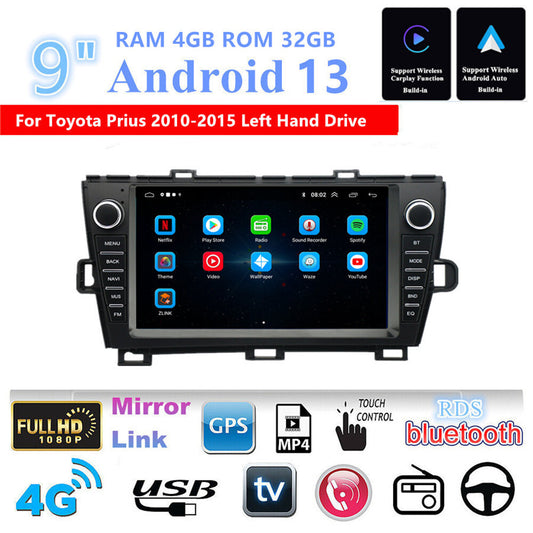 9Android 13 Support Carplay 4+32GB Car Radio GPS for Toyota Prius 2010-15 LHD
