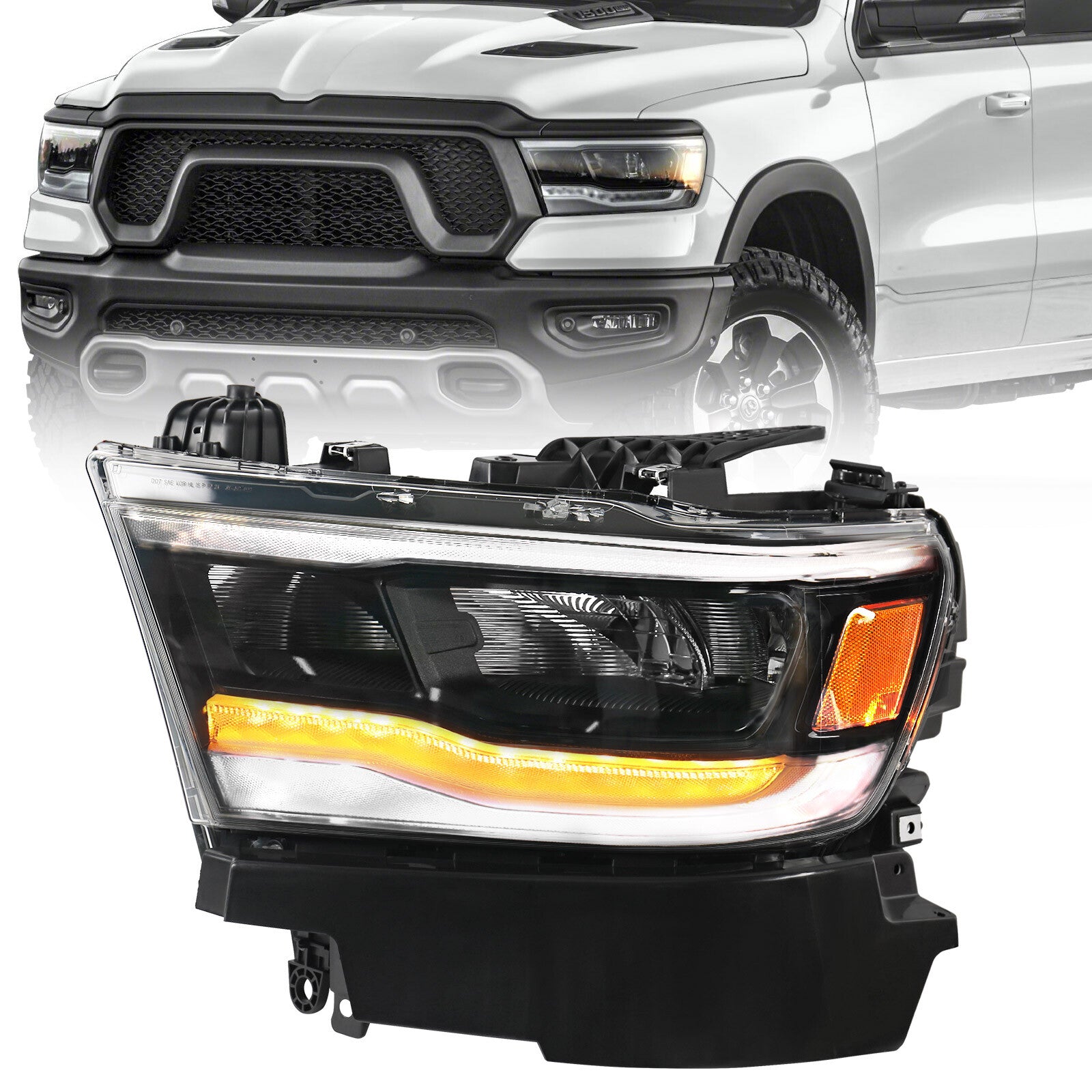 For 2019-2023 for Dodge for Ram 1500 Reflector Full LED Headlight Headlamp Black Driver