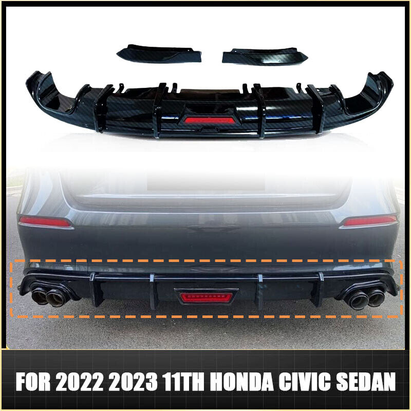 For 11th for Honda for Civic Sedan 22-23 Carbon Rear Body Lip Diffuser Splitter W/LED
