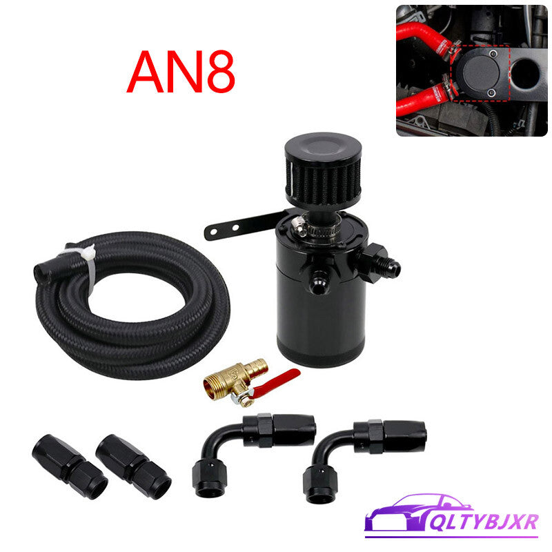 AN8 Oil Catch Can Reservoir Baffled Tank with Breather FilterAdapterHose Black