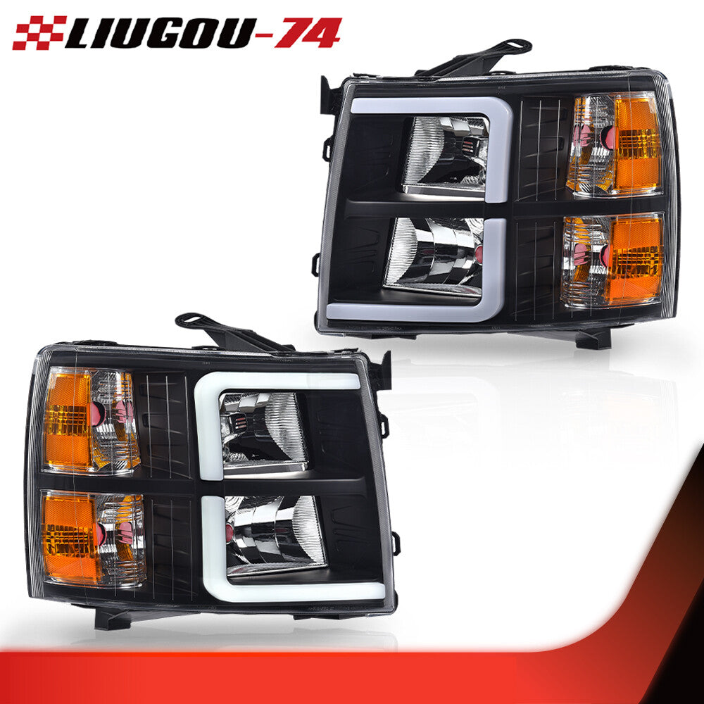 Suitable for 07-13 for Chevrolet Silverado Black/Amber LED DRL Headlights (2-Piece Set)