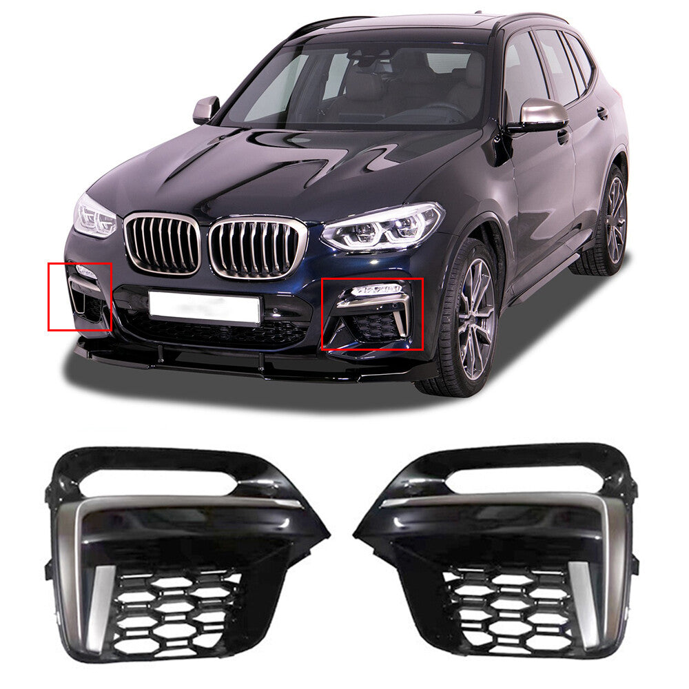 A pair of front fog light frame covers with grille trim perforations suitable for 2018-2023 for BMW X3 and X4.