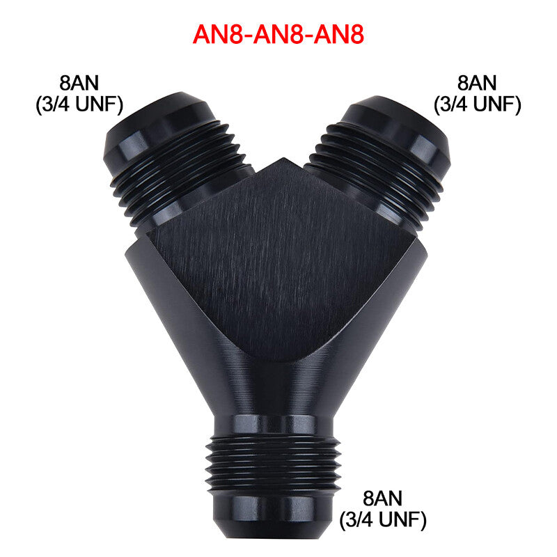 8AN Y Block Fuel Y Fitting Junction Coupler Male 8/8/8 Parallel Exits Black