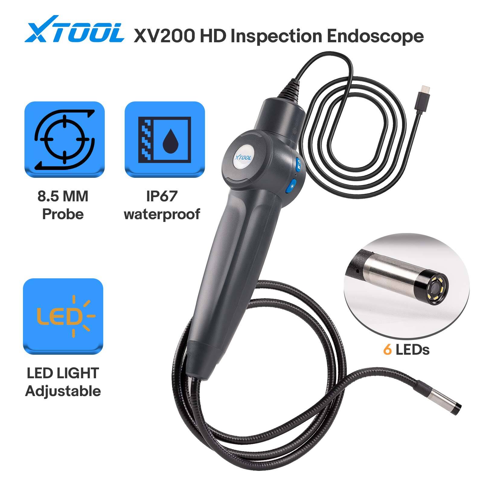 XTOOL XV200 8.5mm HD Endoscope 8 LED Flexible Snake Car Inspection Borescope