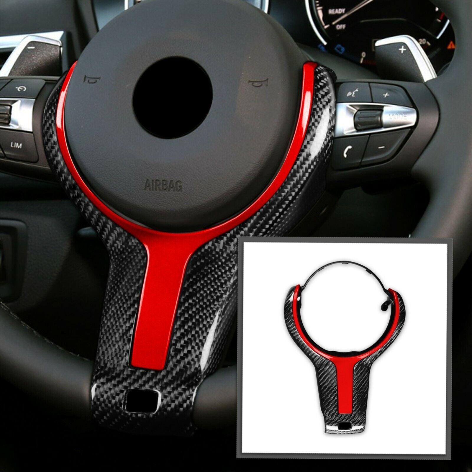 Red Carbon Fiber Steering Wheel Trim for BMW 1 3 4 5 6 X5 X6 M-sport Replacement