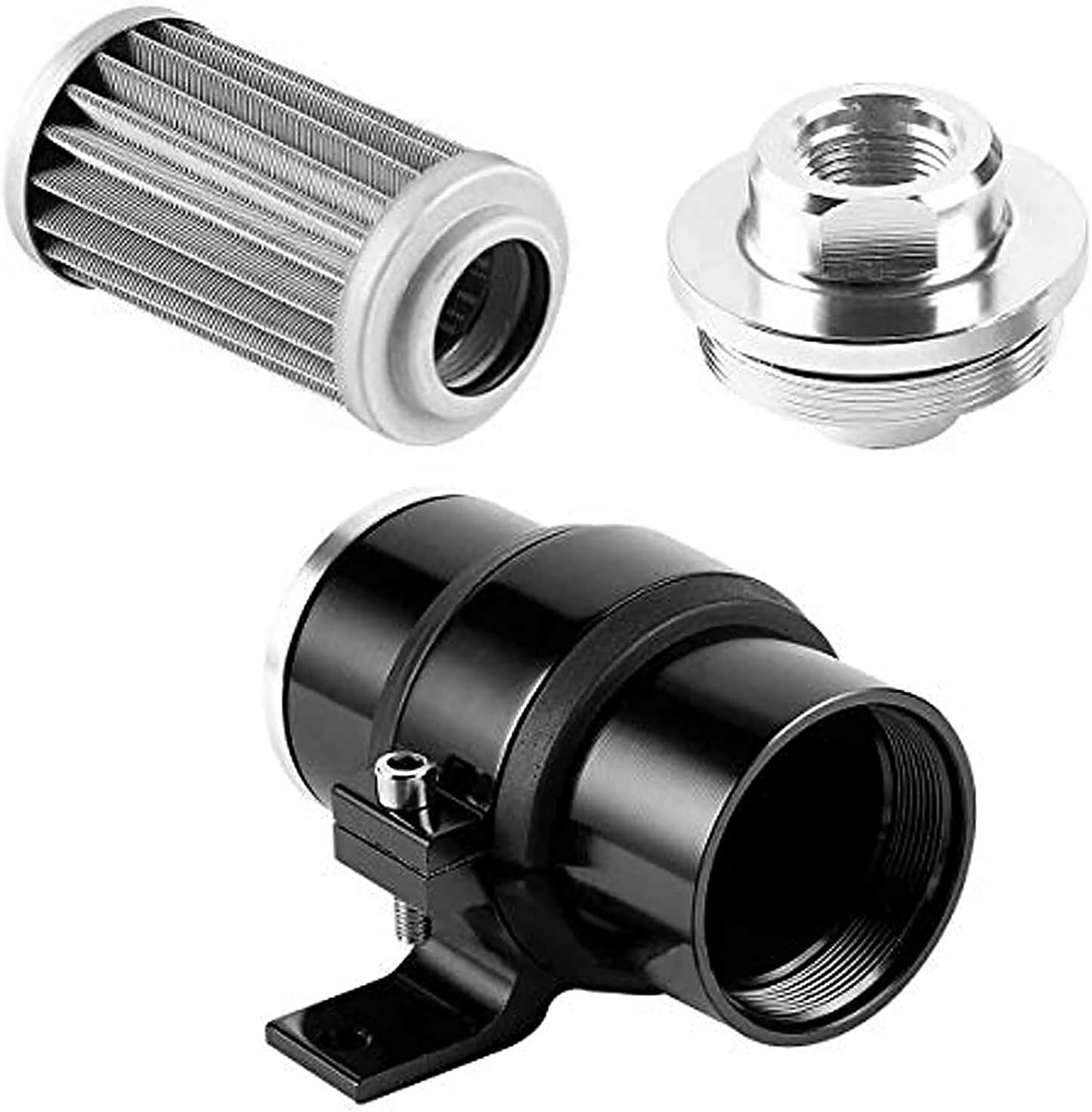 100-micron cleanable straight-through fuel filter holder for 6AN, 8AN, 10AN, and 50mm adapters.
