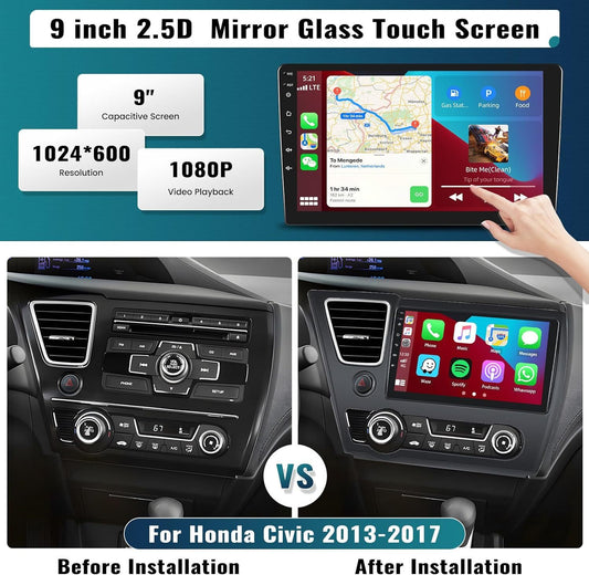 9 for Honda for Civic 2013-17 Android 13.0 Apple Carplay Car Radio Stereo GPS Navi
