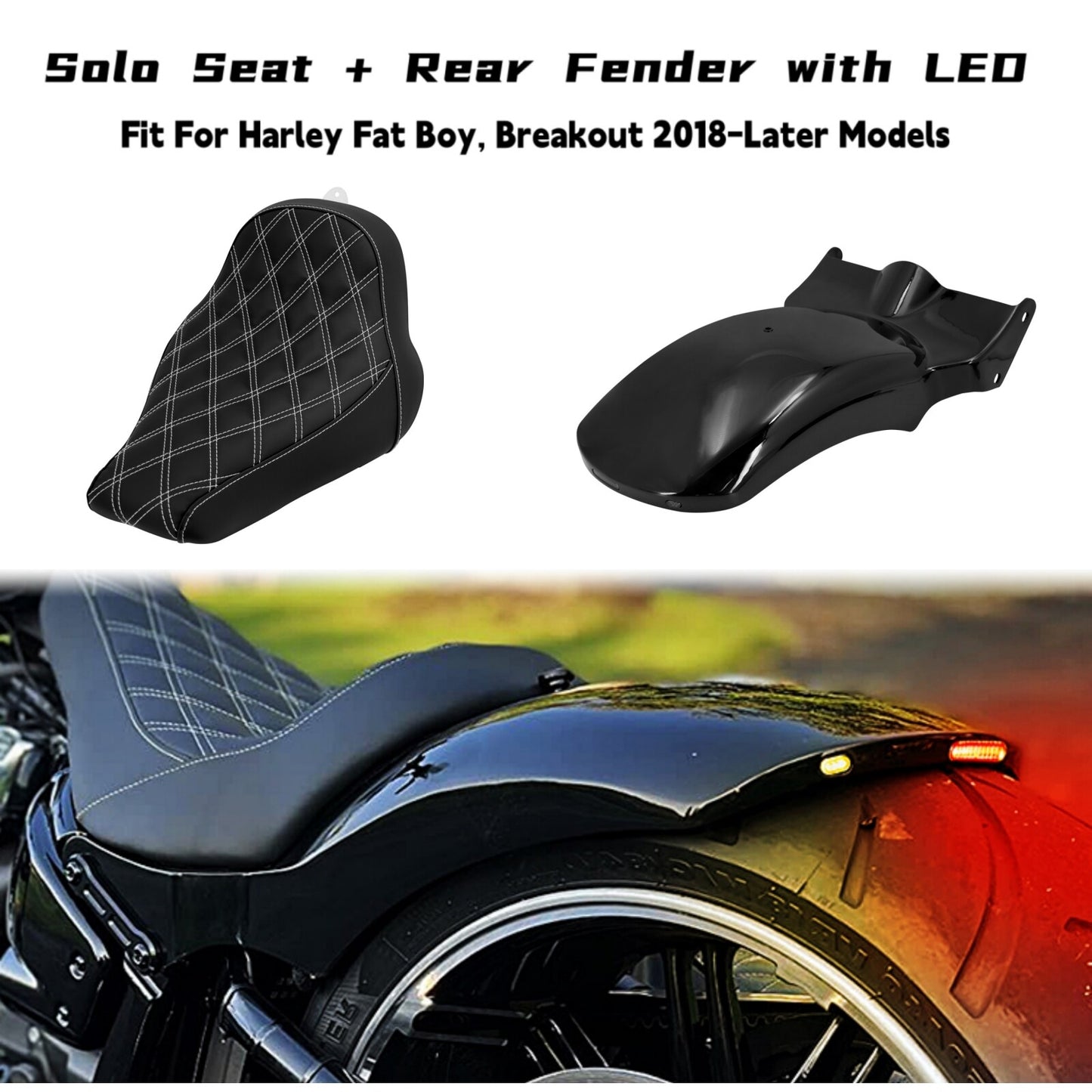 Black Solo Driver Rider for Seat Rear Short Fender w/ Turn Signal Brake LED Light