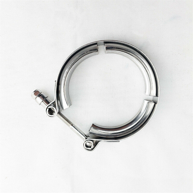 Universal stainless steel 2.5-inch V-belt clips suitable for turbochargers, downpipes, and exhaust systems.