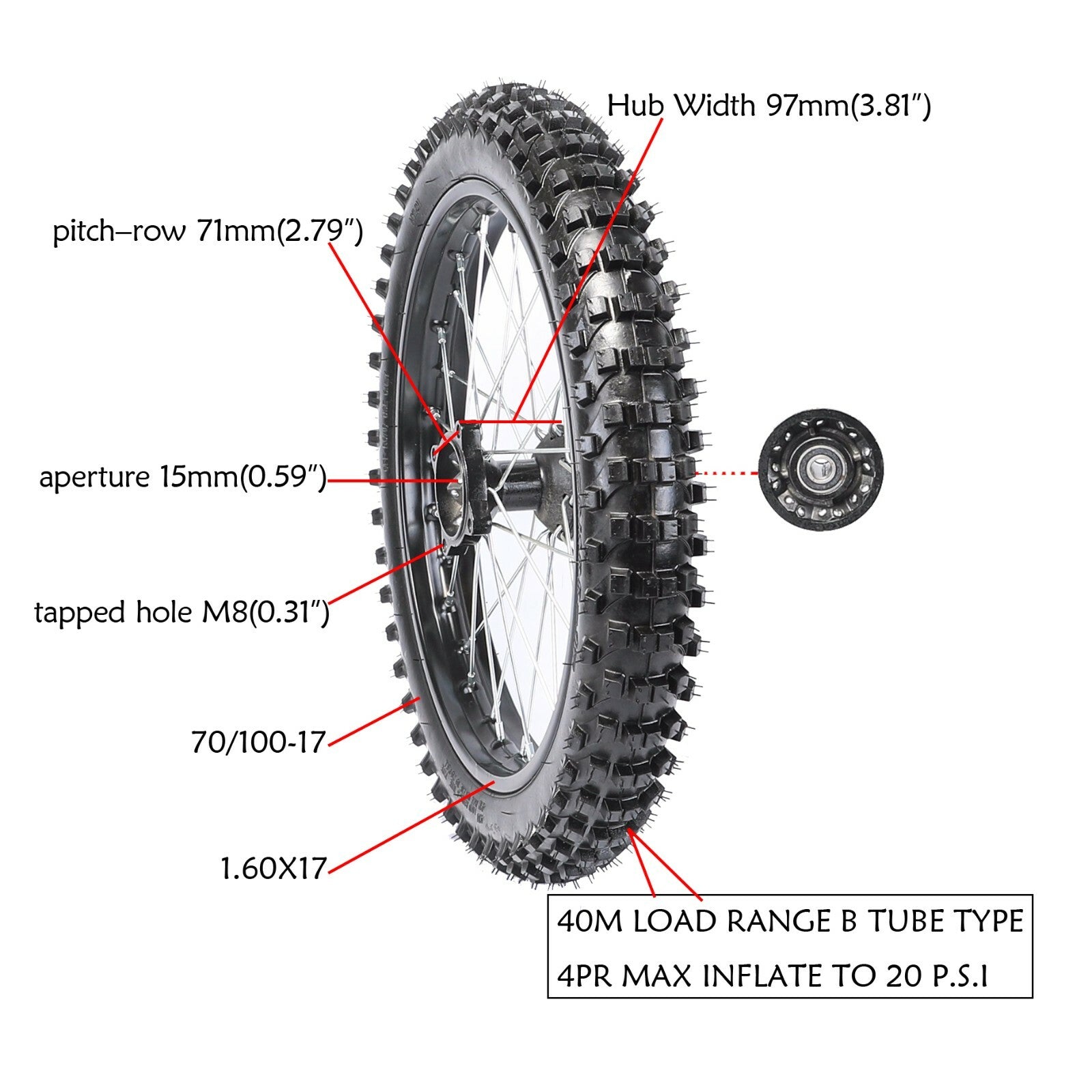 17-inch and 14-inch wheels, 90/100-14 and 70/100-17 tires and rims, for Dirt Pit bicycle, Apollo 125CC, 140 and 150 liters.